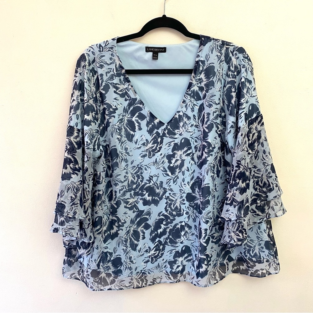 Lane Bryant blue V neck floral flutter sleeve blouse